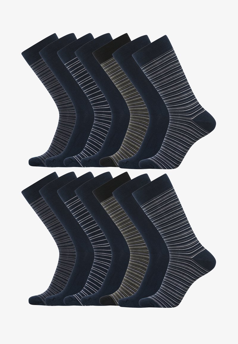 Sæt med 12 par sokker i marineblå nuancer, varierede teksturer, ensfarvede og stribede mønstre samt elastiske manchetter. Glat stoffinish.