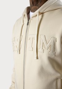 Sweat-shirt à capuche beige avec une fermeture éclair, arborant des accents en lettres texturées "ESTM" sur le devant et un capuchon à cordon. Texture de tissu lisse.
