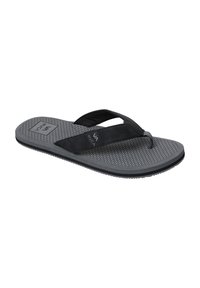 Black flip-flop sandal featuring a textured gray footbed, thin straps, and a rubber sole with a patterned design for grip.