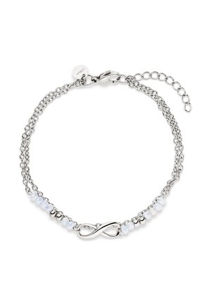 Double silver chain bracelet with an infinity symbol centerpiece and small translucent white beads on either side.