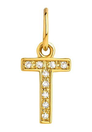 Charm de metal en tono dorado en forma de "T" acentuado por cristales transparentes. Cuenta con un bucle seguro para su sujeción. Textura suave.