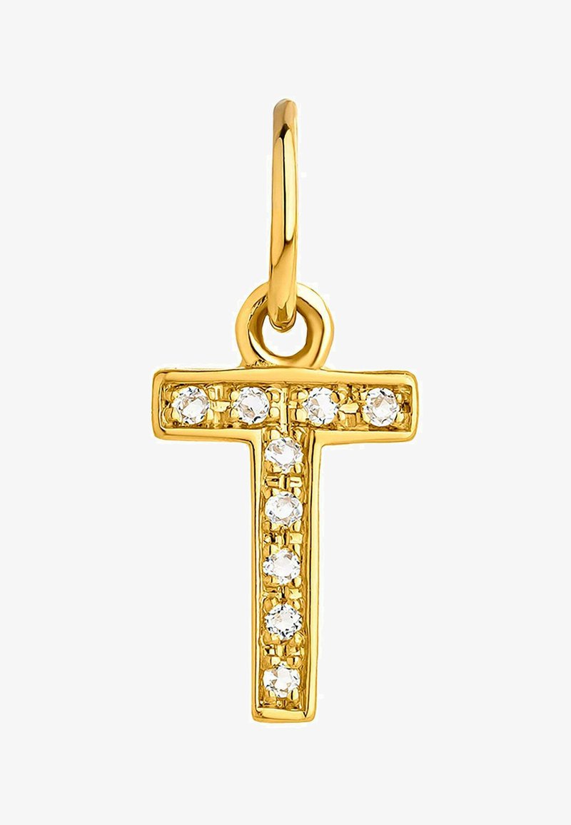 Charm de metal en tono dorado en forma de "T" acentuado por cristales transparentes. Cuenta con un bucle seguro para su sujeción. Textura suave.