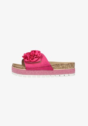 Rosa Rutschsandalen mit einem Blumenakzent, einem korkähnlichen Fußbett und einer mehrfarbigen Zickzack-Mittelsohle, versehen mit einer weißen Gummisohle.