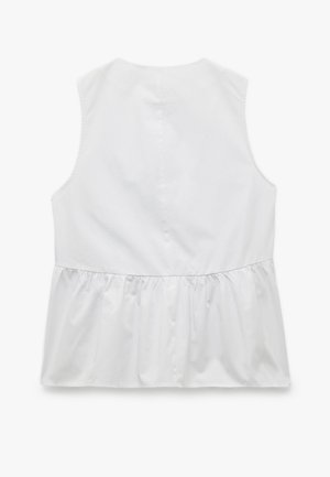 Blouse blanche sans manches avec un ourlet peplum et un col rond, présentée de dos sur un fond uni.
