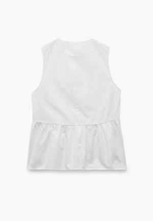 Ärmløs hvid bluse med peplum-snit og rund halsudskæring, vist fra ryggen på en ensfarvet baggrund.