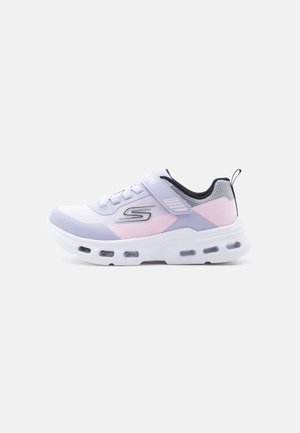 Light purple and pink sneaker with mesh upper, white cushioned sole, Velcro strap, and black inner lining, shown in side profile on white background.