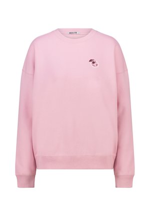 Sudadera rosa hecha de tela suave, con cuello redondo, mangas largas y un pequeño gráfico bordado en el pecho izquierdo.