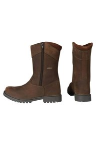 Botas de tobillo de cuero marrón con superficie texturizada, cierre lateral con cremallera, suelas de goma resistentes y cuello acolchado. Presenta detalles en un tono marrón contrastante.