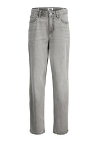 Jeans in denim grigio con design a gamba dritta, cinque tasche e chiusura con bottone. Il tessuto presenta una leggera trama e una finitura sbiadita.