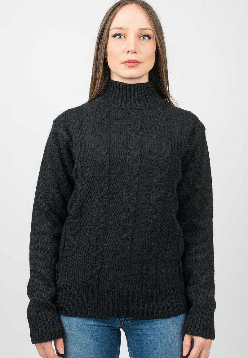 Maglione nero a maglia con collo alto, caratterizzato da un motivo a treccia, polsini e orlo a costine. Realizzato in un materiale di filato testurizzato.