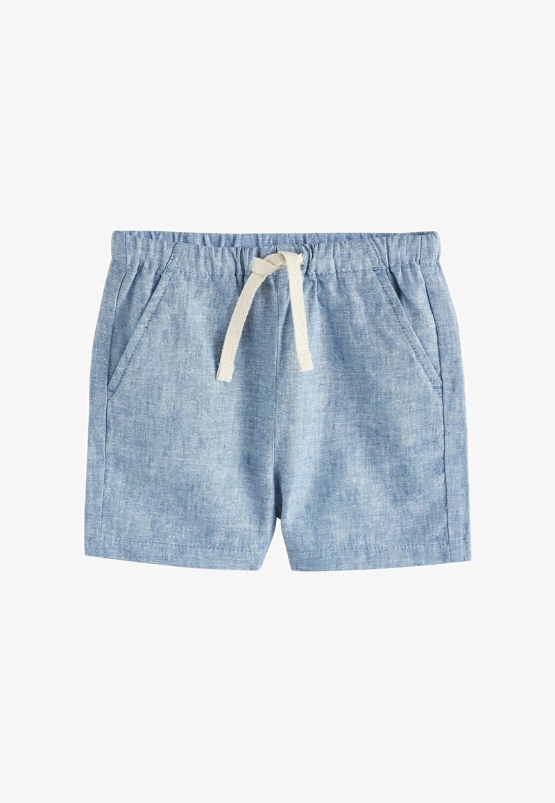 Pantalones cortos azul claro hechos de tela ligera, con cintura de cordón, dos bolsillos laterales y un ajuste relajado.