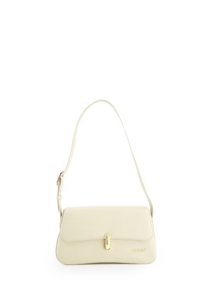 Kremowa prostokątna torba na ramię z klapą, złotym zapięciem, regulowanym paskiem i małym logo "Venezia" z przodu.