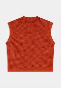 Gilet arancione senza maniche in maglia con motivo a trama e scollo a coste. L'orlo è rifinito con una fascia liscia.