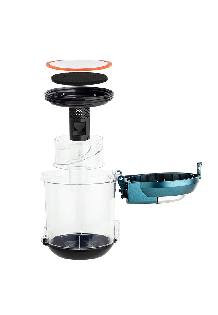 Conteneur en plastique transparent avec une base noire, une poignée bleue et un couvercle amovible. Comprend un insert en mousse et un filtre, mettant en avant un design modulaire.