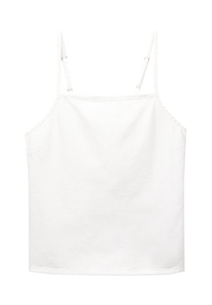 Hvid bomulds tanktop med spaghetti stropper, firkantet udringning og en glat tekstur. Ingen mønstre eller dekorationer er til stede.