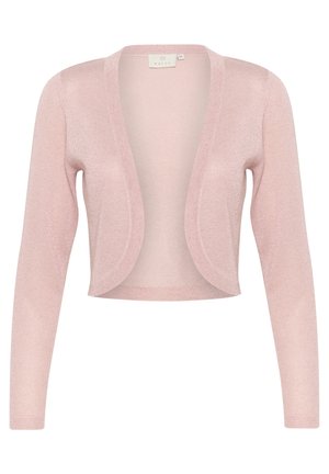 Cardigan rose, léger, avec des manches longues, à l'avant ouvert et une texture scintillante. Sans fermetures ; il présente un design lisse et fluide.