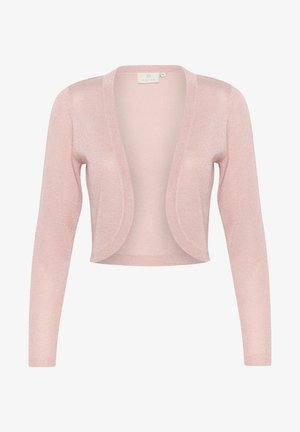 Cardigan rosa, leggero, con maniche lunghe, apertura frontale e una texture lucida. Senza chiusure; presenta un design morbido e fluido.