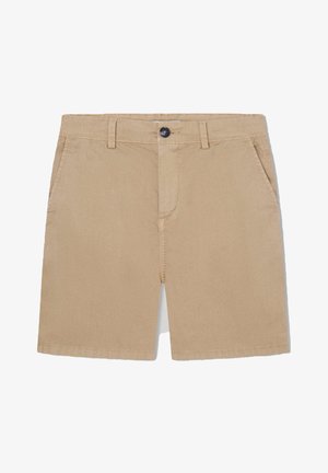 Beige bomulds afslappede shorts med forreste knap, bæltestropper, sidelommer og synlige syninger på en hvid baggrund.