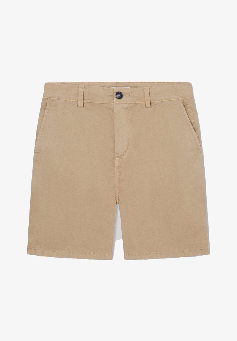 Shorts décontractés en coton beige avec bouton à l'avant, passants pour ceinture, poches latérales et coutures visibles sur fond blanc.