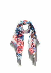 Multicolored floral scarf made of soft fabric, featuring shades of red, blue, and gray with a fringed edge and abstract patterns.