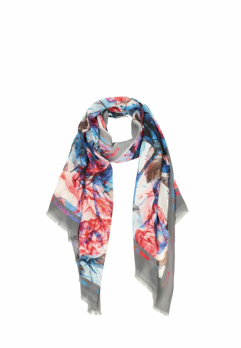 Multicolored floral scarf made of soft fabric, featuring shades of red, blue, and gray with a fringed edge and abstract patterns.