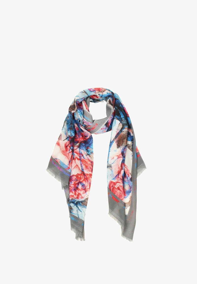 Multicolored floral scarf made of soft fabric, featuring shades of red, blue, and gray with a fringed edge and abstract patterns.