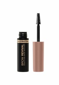Max Factor Brow Revival uppstramande brynmascara i en svart tub med guldtext. Inkluderar en svart borste med borst för applicering.