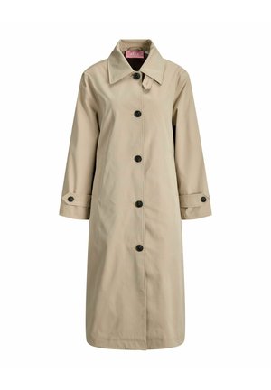 Beiger langer Trenchcoat mit schwarzen Knöpfen, weitem Kragen und geknöpften Manschetten, entworfen für Damen.