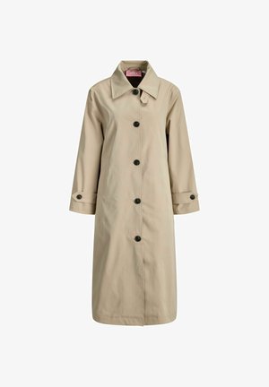 Beiger langer Trenchcoat mit schwarzen Knöpfen, weitem Kragen und geknöpften Manschetten, entworfen für Damen.