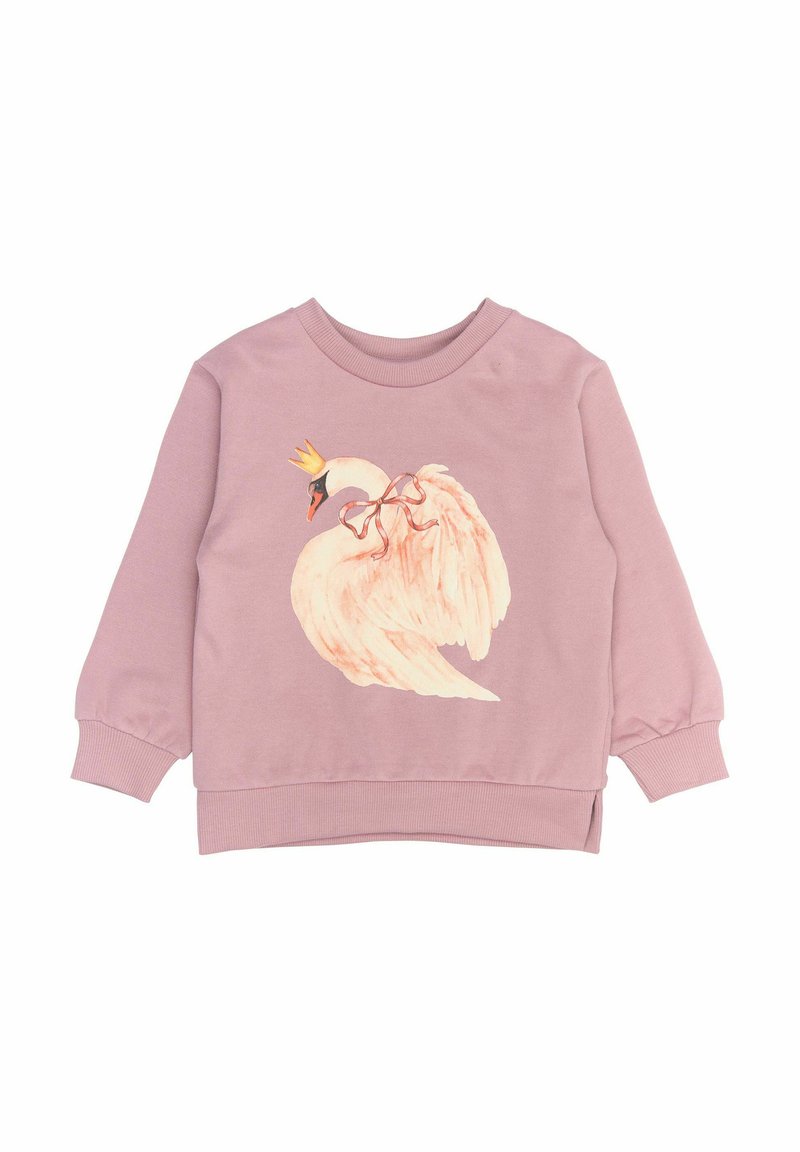 Roosa sweatshirt, millel on mugav lõike, millel on graafika, kus on krooniga luik heledates ja tumedates toonides. Ribidega mansetid ja äär. Pehme tekstuur.
