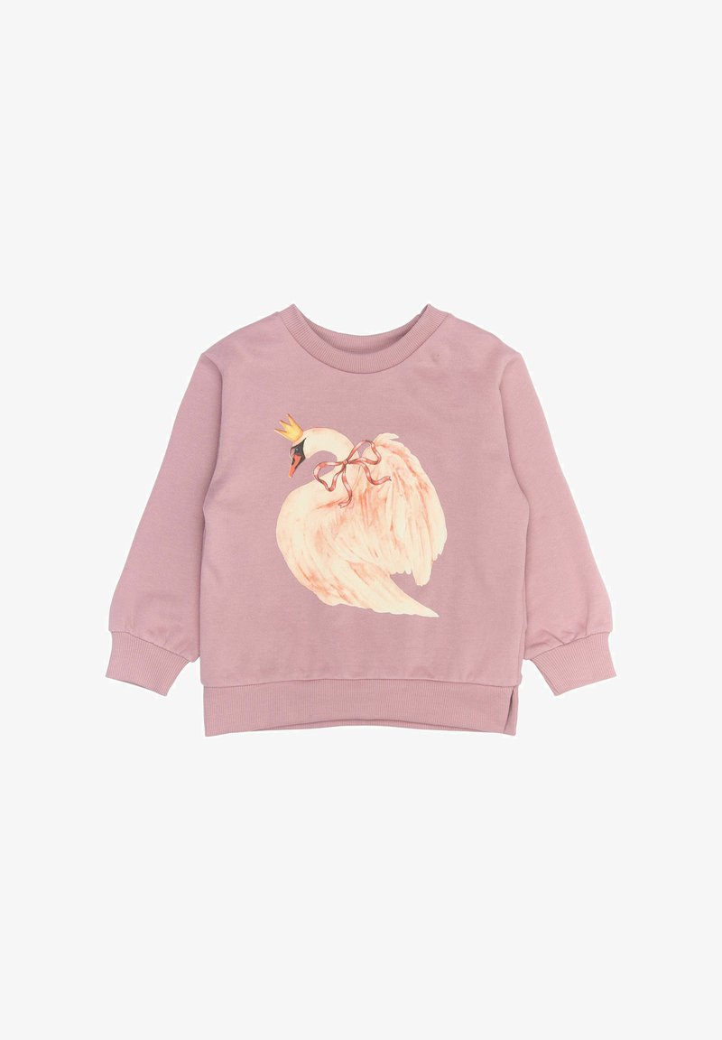 Roosa sweatshirt, millel on mugav lõike, millel on graafika, kus on krooniga luik heledates ja tumedates toonides. Ribidega mansetid ja äär. Pehme tekstuur.