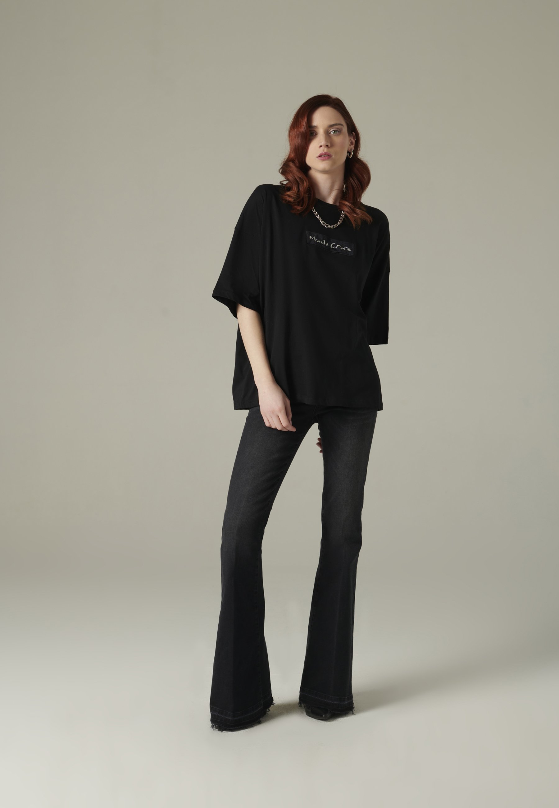 Manila Grace FRANCY - T-shirt con stampa - nero/nero