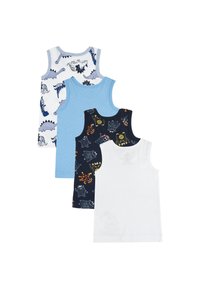 Cztery bawełniane koszulki bez rękawów: biała z nadrukiem dinozaura, jasno niebieska, granatowa z kreskówkowymi potworami oraz gładka biała. Wszystkie mają zaokrąglone dekolty.