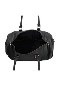Schwarze Leder-Duffel-Tasche mit doppelten Griffen, offenem Reißverschluss oben, der das leere Hauptfach zeigt, und seitlicher Reißverschlusstasche.