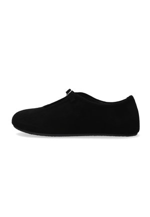 Black suede Mary Jane flat shoe with a small buckle strap across the instep, shown from a side profile on white background.