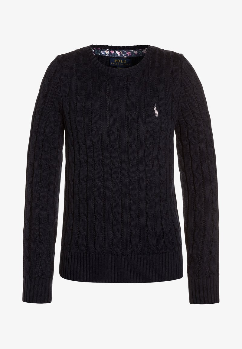 Navy blue cable-knit sweater made from soft material with a crew neckline and ribbed cuffs. Features a small embroidered logo on the chest.