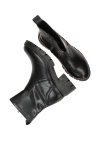 Zwarte leren enkellaarsjes met een ronde neus, stevige rubberen zool en zijrits. Beschikt over een gladde afwerking en minimale stiksel-details.