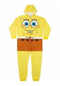 Tuta in pile gialla con cappuccio, caratterizzata da un design con faccia di cartone animato. Include occhi blu, pantaloni marroni e linee nere per i dettagli.