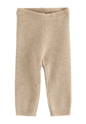 Beige babybukser i ribstrik med elastisk linning og lige ben, lavet af blødt stof for varme og komfort.
