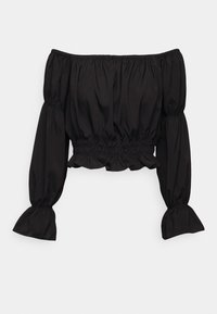 Blouse noire à épaules dénudées avec des manches bouffantes, taille élastique et ourlet froncé. Fabriquée en tissu lisse et léger.