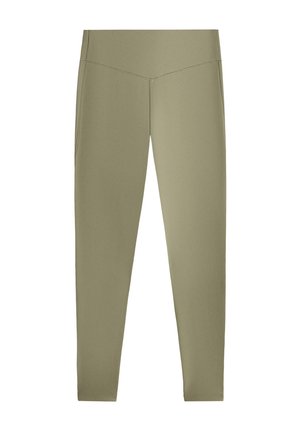 Colanți verzi măslinii conici, cu talie înaltă și buzunar lateral, concepuți pentru haine active sau uz casual.