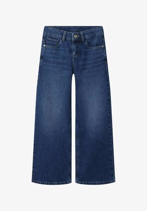 Plati kojinės džinsai iš tamsiai mėlyno denim, su mygtuko ir užtrauktuko užtrauktuku, penkių kišenių dizainu ir subtiliu išblukimu priekyje.