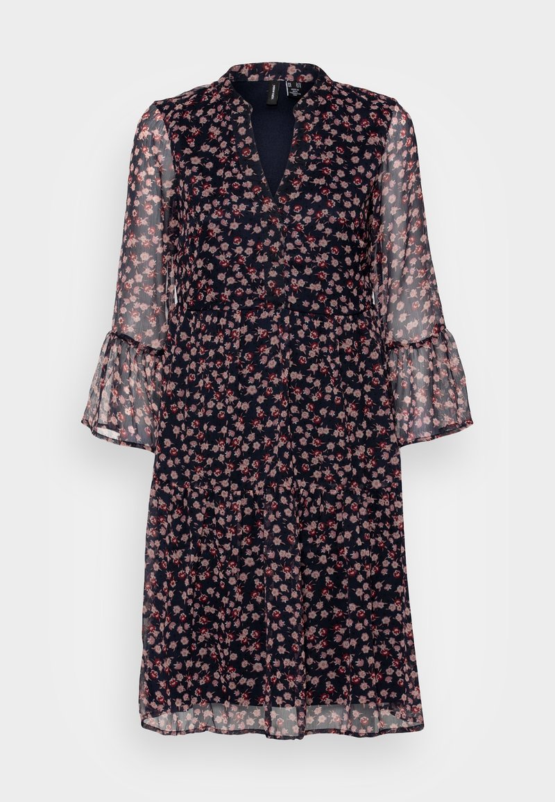 Robe midi bleu marine à motif floral rose et rouge, manches longues transparentes avec poignets évasés et décolleté en V.