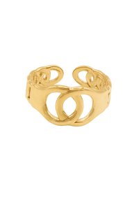 Gullring med åpen design og sammenvevde sirkulære former. Glatt, blank overflate med en teksturert ring. Lett og justerbar.