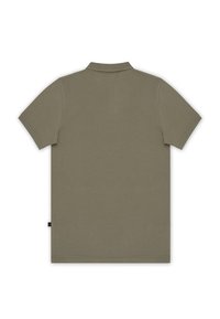 Koszulka polo z krótkim rękawem w oliwkowym kolorze, wykonana z gładkiej bawełny, z klasycznym kołnierzykiem i prostym dołem.