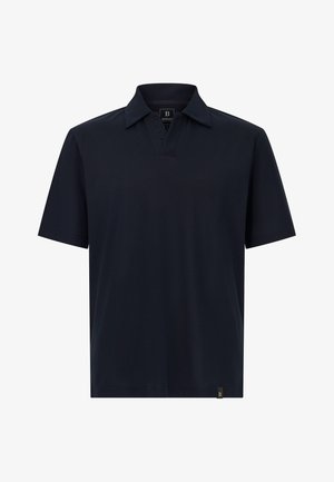 Tumesinine polo-särk, mis on valmistatud pehmest kangast, klassikalise kraega ja kaela juures diskreetse logo detailiga. Lühikesed varrukad, mugav lõige.