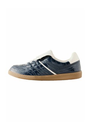 Navy blue synthetic sneakers with a textured croc pattern, white accents, and a gum rubber sole; slip-on design with no laces.