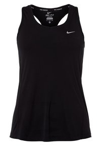 Débardeur de course noir Nike Dri-FIT avec dos nageur et petit logo Nike argenté sur la poitrine, taille petite.