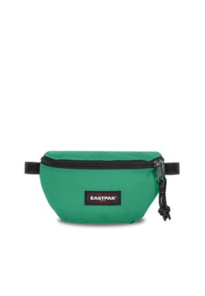 Riñonera de tela verde con cremallera negra y parche con el logo de Eastpak en el frente, con correas negras ajustables en cada lado.