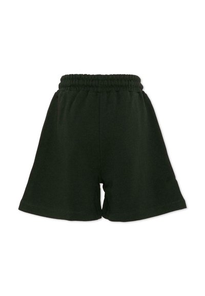 Shorts à taille élastique vert foncé en tissu doux, caractérisés par une coupe ample et des ourlets cousus.